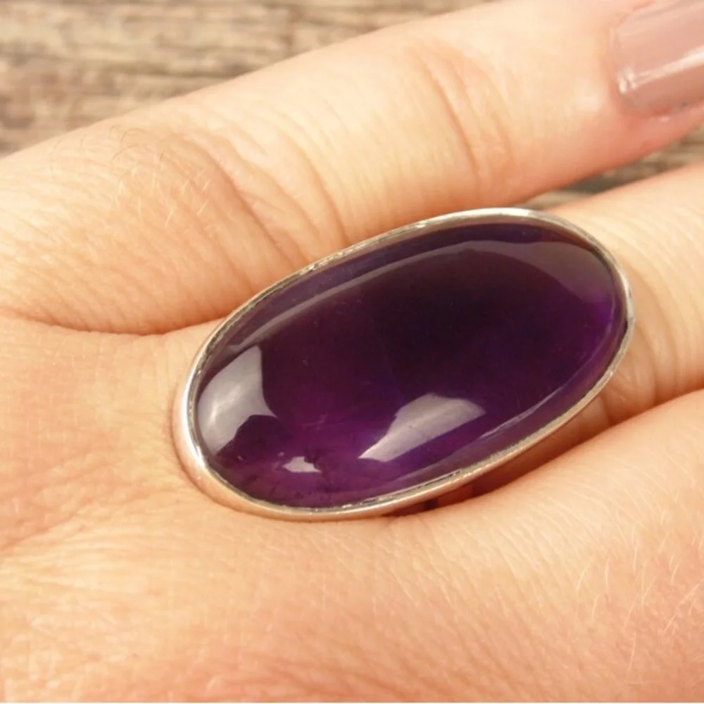 New Sterling Silver Long Oval Purple Amethyst Oblong Artisan Handmade Ring